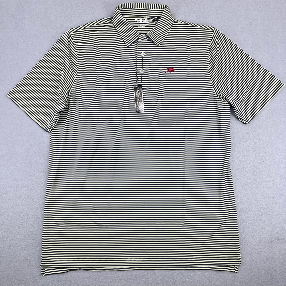 Perlis Mens DriWay Performance Striped Polo Shirt Aloe Navy Crawfish Logo L NEW
